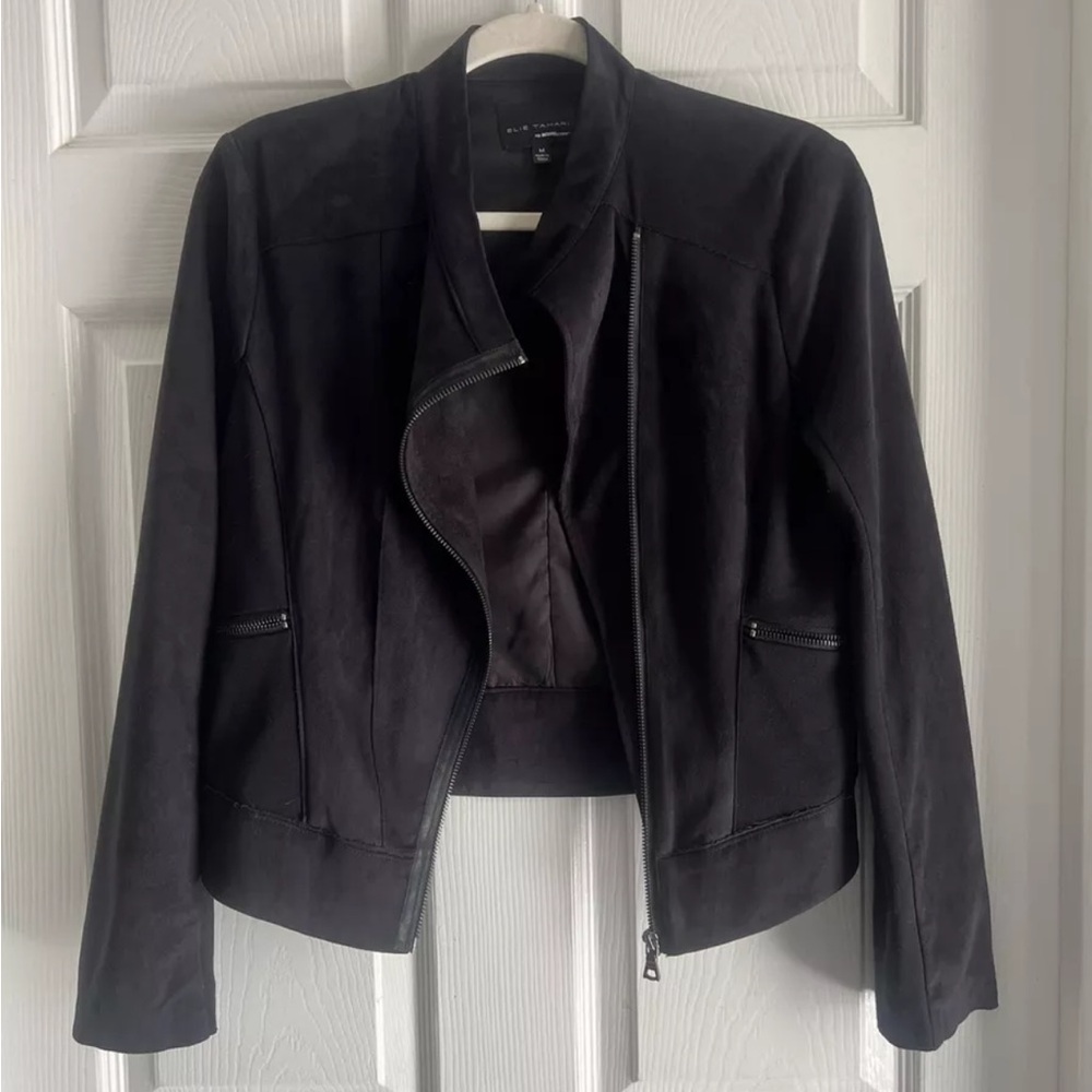 Medium Elie Tahari Black Zip Jacket Moto Suede look Womens Stretch Fitted